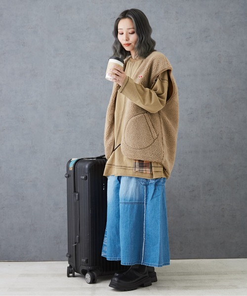 【セール】チェック×デニムリメイク風長袖プルオーバー（Tシャツ/カットソー）｜CUBE SUGAR（キューブシュガー）