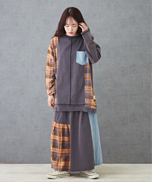 【セール】チェック×デニムリメイク風長袖プルオーバー（Tシャツ/カットソー）｜CUBE SUGAR（キューブシュガー）