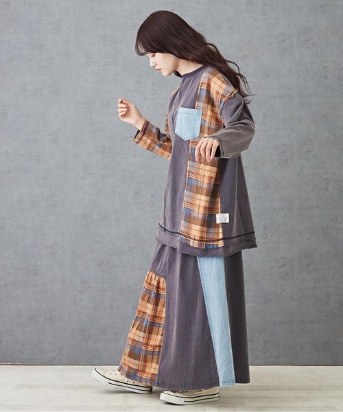 【セール】チェック×デニムリメイク風長袖プルオーバー（Tシャツ/カットソー）｜CUBE SUGAR（キューブシュガー）