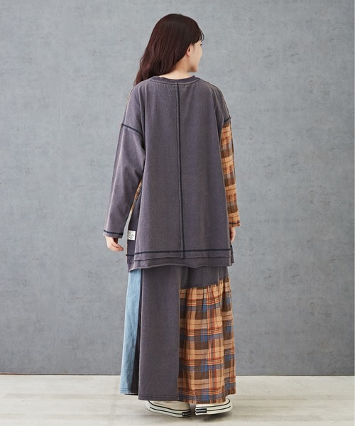 【セール】チェック×デニムリメイク風長袖プルオーバー（Tシャツ/カットソー）｜CUBE SUGAR（キューブシュガー）