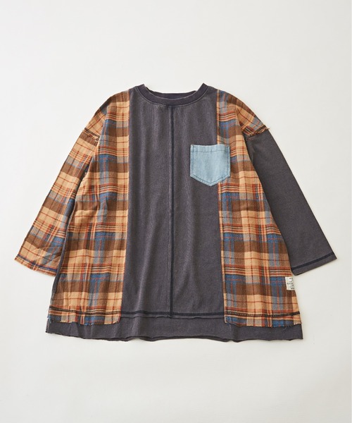 【セール】チェック×デニムリメイク風長袖プルオーバー（Tシャツ/カットソー）｜CUBE SUGAR（キューブシュガー）