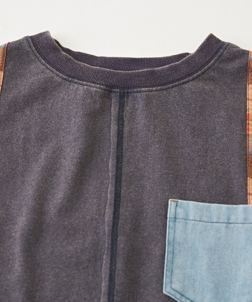 【セール】チェック×デニムリメイク風長袖プルオーバー（Tシャツ/カットソー）｜CUBE SUGAR（キューブシュガー）