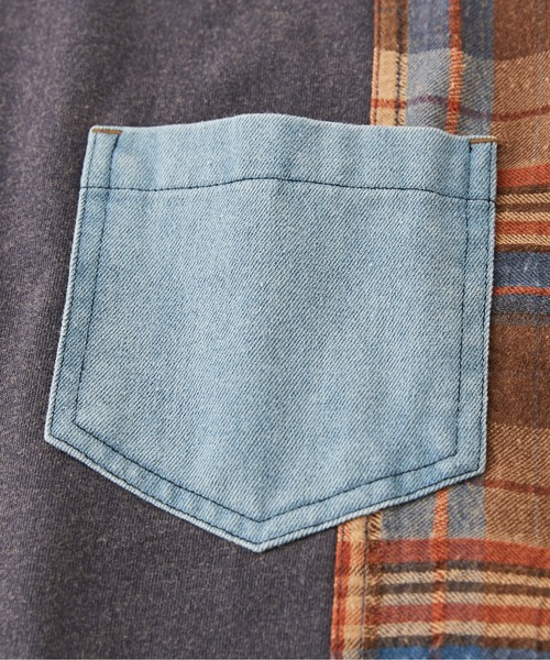 【セール】チェック×デニムリメイク風長袖プルオーバー（Tシャツ/カットソー）｜CUBE SUGAR（キューブシュガー）