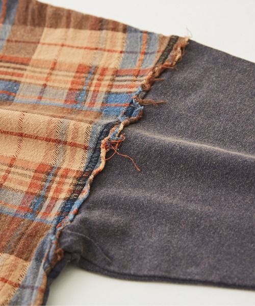 【セール】チェック×デニムリメイク風長袖プルオーバー（Tシャツ/カットソー）｜CUBE SUGAR（キューブシュガー）