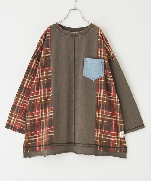 【セール】チェック×デニムリメイク風長袖プルオーバー（Tシャツ/カットソー）｜CUBE SUGAR（キューブシュガー）