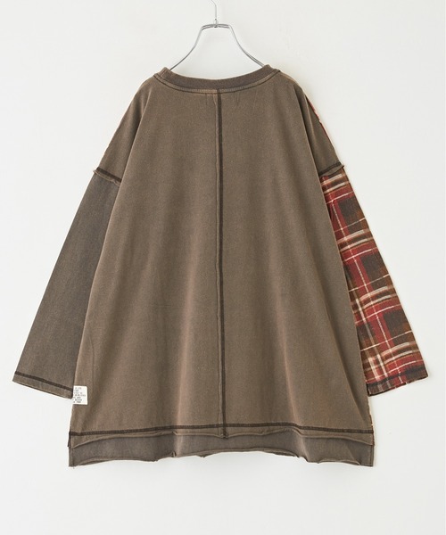 【セール】チェック×デニムリメイク風長袖プルオーバー（Tシャツ/カットソー）｜CUBE SUGAR（キューブシュガー）