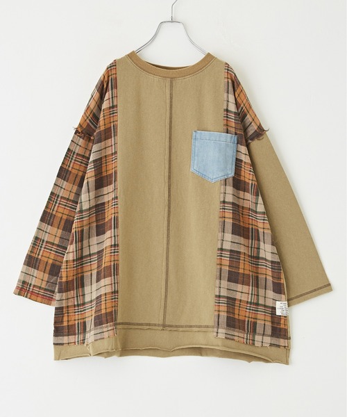 【セール】チェック×デニムリメイク風長袖プルオーバー（Tシャツ/カットソー）｜CUBE SUGAR（キューブシュガー）