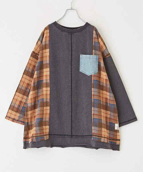 【セール】チェック×デニムリメイク風長袖プルオーバー（Tシャツ/カットソー）｜CUBE SUGAR（キューブシュガー）