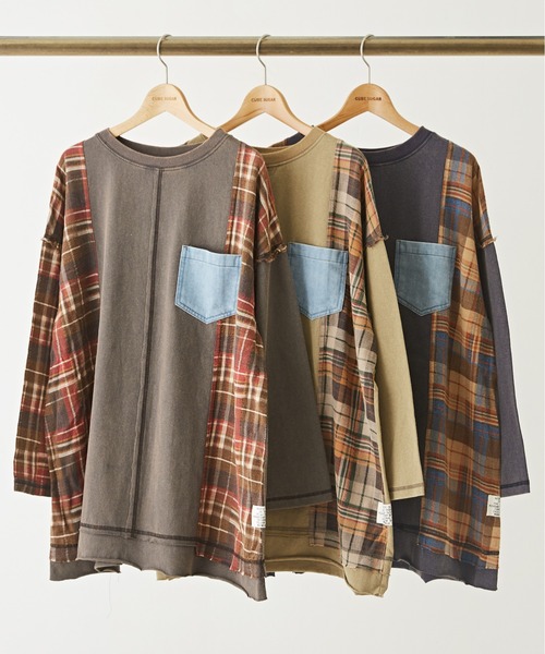 【セール】チェック×デニムリメイク風長袖プルオーバー（Tシャツ/カットソー）｜CUBE SUGAR（キューブシュガー）