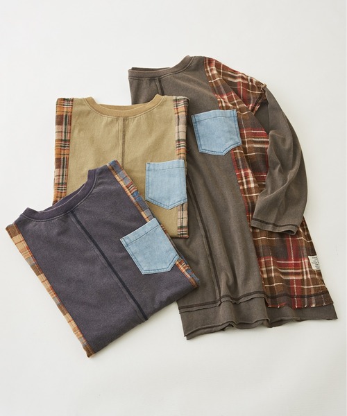 【セール】チェック×デニムリメイク風長袖プルオーバー（Tシャツ/カットソー）｜CUBE SUGAR（キューブシュガー）