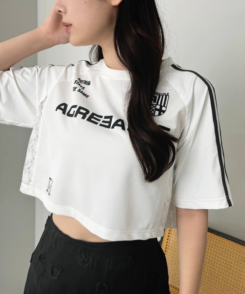 one after another NICE CLAUP（ワンアフターアナザーナイスクラップ）の「サイドレースゲームT（Tシャツ/カットソー・レディース・ピンク/オフホワイト/ネイビー・FREE）」の2枚目の写真