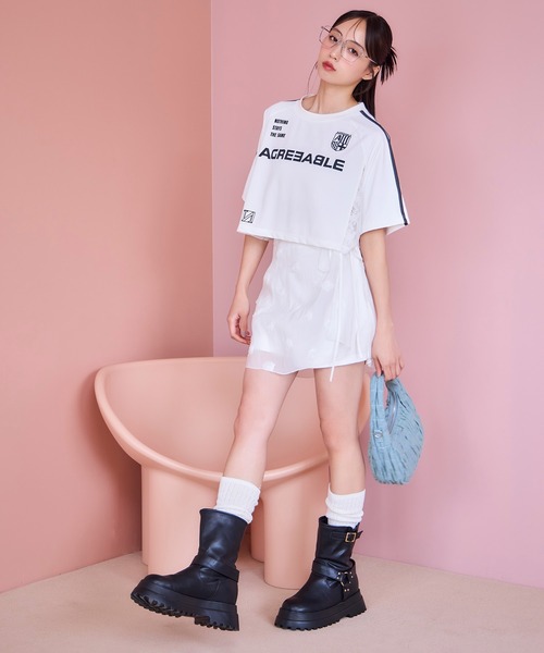 one after another NICE CLAUP（ワンアフターアナザーナイスクラップ）の「サイドレースゲームT（Tシャツ/カットソー・レディース・ピンク/オフホワイト/ネイビー・FREE）」の12枚目の写真