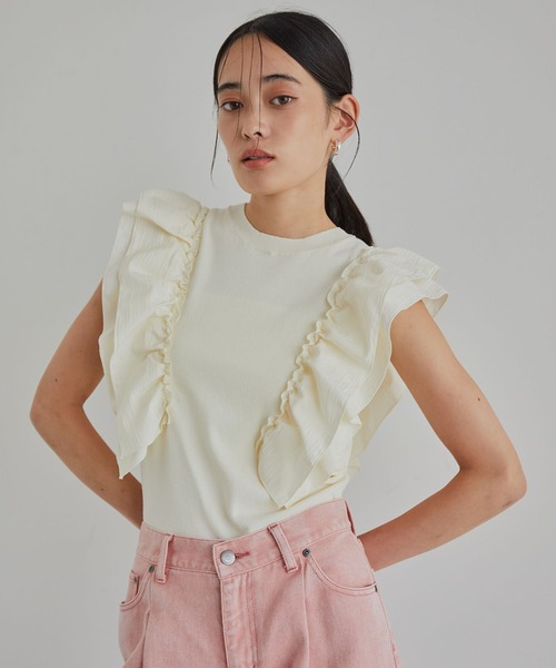 VIS（ビス）の「【洗える】異素材ドッキングフリルニットプルオーバー（Tシャツ/カットソー・レディース・ピンク系その他2/ブルー系その他4/ホワイト系その他5・FREE）」の2枚目の写真