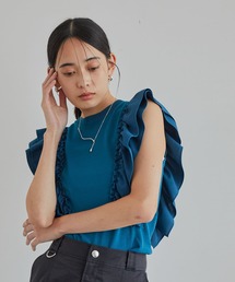 VIS | 【洗える】異素材ドッキングフリルニットプルオーバー(Tシャツ/カットソー)