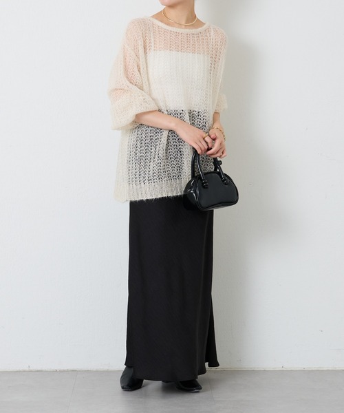 COLLAGE GALLARDAGALANTE（コラージュガリャルダガランテ）の「箔プリントシアーモヘアニット（ニット/セーター・レディース・アイボリー/オレンジ・FREE）」の3枚目の写真