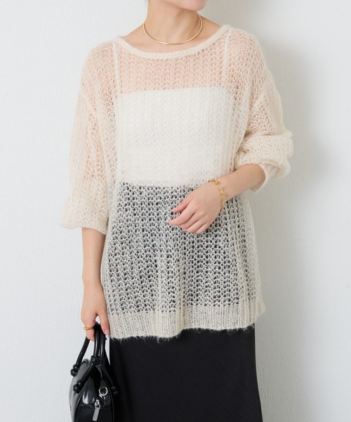 COLLAGE GALLARDAGALANTE（コラージュガリャルダガランテ）の「箔プリントシアーモヘアニット（ニット/セーター・レディース・アイボリー/オレンジ・FREE）」の5枚目の写真