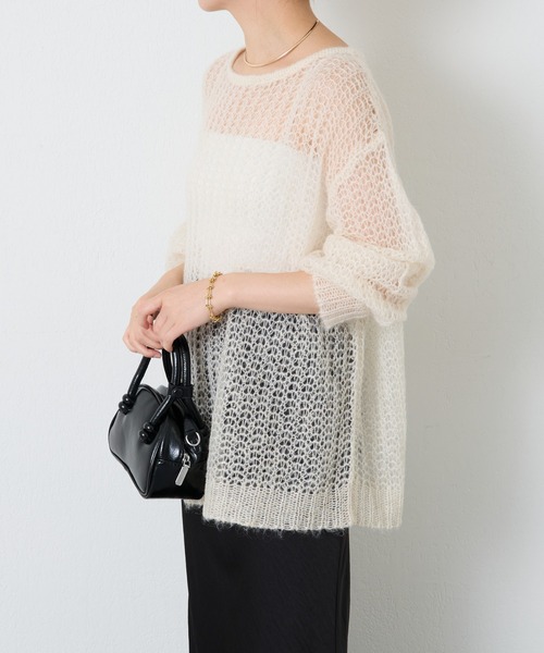 COLLAGE GALLARDAGALANTE（コラージュガリャルダガランテ）の「箔プリントシアーモヘアニット（ニット/セーター・レディース・アイボリー/オレンジ・FREE）」の6枚目の写真