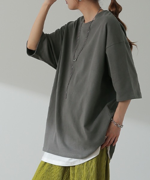 HUG.U(ハグユー)の「ガシッと綿Tシャツ(Tシャツ/カットソー・レディース・モカ/ダークグレー/グリーン/ホワイト/セージグリーン/クリーム/ブラック・FREE)」の4枚目の写真
