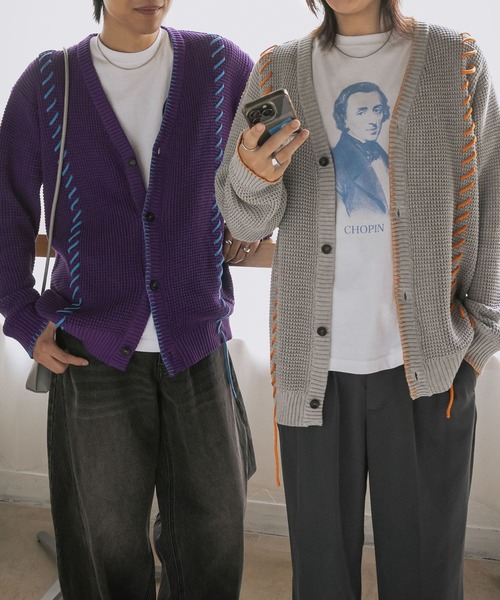 SENSE OF PLACE by URBAN RESEARCH（センスオブプレイスバイアーバンリサーチ）の「『ユニセックス』ブランケットステッチカーディガン（カーディガン/ボレロ・メンズ・ネイビー/パープル/ライトグレー・MEDIUM/LARGE）」の22枚目の写真