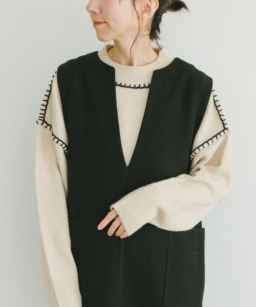 ITEMS URBANRESEARCH(アイテムズ アーバンリサーチ)の「ステッチクルーネックニット(ニット/セーター・レディース・ブラウン/ピンク/ブルー/オフホワイト・FREE)」の1枚目の写真