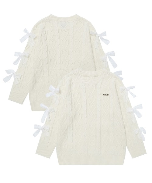 HOOK(フック)の「【HOOK】for girls 袖リボン付きハートケーブルニットプルオーバー(ニット/セーター・レディース・ブルー/オフホワイト・S/M)」の1枚目の写真