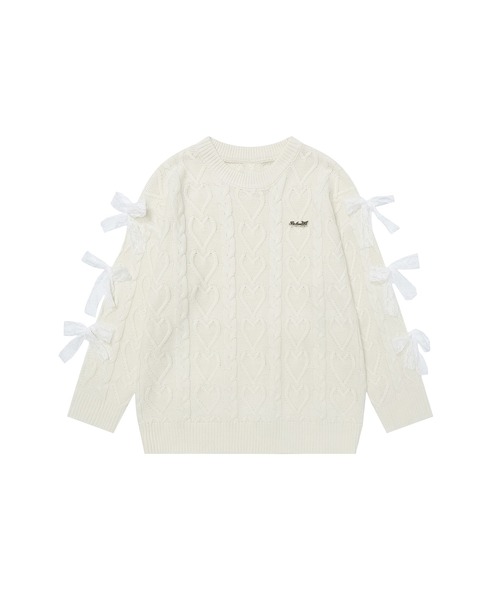 HOOK(フック)の「【HOOK】for girls 袖リボン付きハートケーブルニットプルオーバー(ニット/セーター・レディース・ブルー/オフホワイト・S/M)」の12枚目の写真