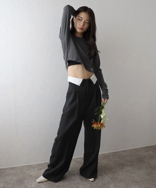 ENC（エンク）の「cropped crew neck pullover / クロップドクルーネックプルオーバー（Tシャツ/カットソー・レディース・チャコールグレー/オフホワイト/ブラック・FREE）」の18枚目の写真