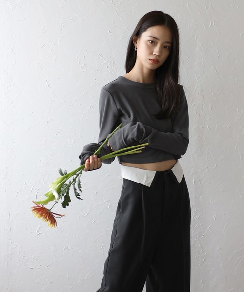 ENC（エンク）の「cropped crew neck pullover / クロップドクルーネックプルオーバー（Tシャツ/カットソー・レディース・チャコールグレー/オフホワイト/ブラック・FREE）」の19枚目の写真