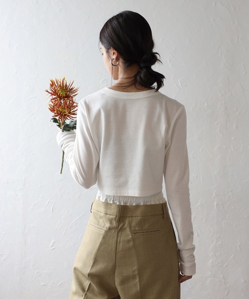 ENC（エンク）の「cropped crew neck pullover / クロップドクルーネックプルオーバー（Tシャツ/カットソー・レディース・チャコールグレー/オフホワイト/ブラック・FREE）」の10枚目の写真