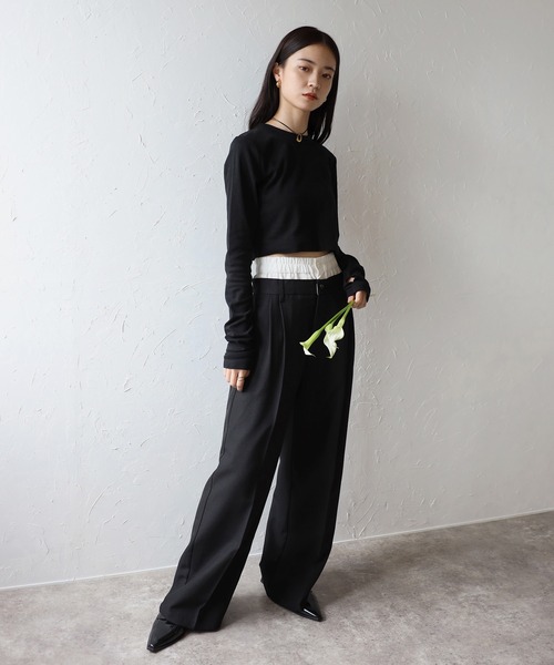 ENC（エンク）の「cropped crew neck pullover / クロップドクルーネックプルオーバー（Tシャツ/カットソー・レディース・チャコールグレー/オフホワイト/ブラック・FREE）」の13枚目の写真