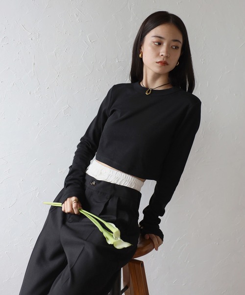 ENC（エンク）の「cropped crew neck pullover / クロップドクルーネックプルオーバー（Tシャツ/カットソー・レディース・チャコールグレー/オフホワイト/ブラック・FREE）」の14枚目の写真