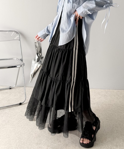セール】大人の愛されスカート。ナイロンチュールティアード ロング