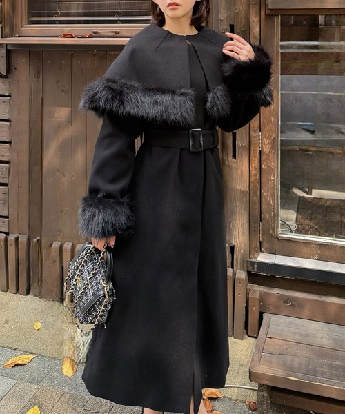 セール】ケープ付2wayロングノーカラーコート（ノーカラーコート