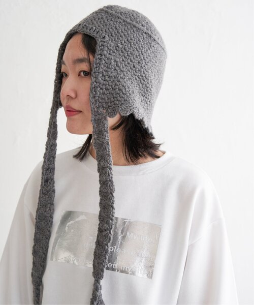 VENCEEXCHANGE（ヴァンスエクスチェンジ）の「ワイドリボンクロシェバブーシュカ（ニットキャップ/ビーニー・レディース・ブラック/アイボリー/グレー・FREE）」の16枚目の写真
