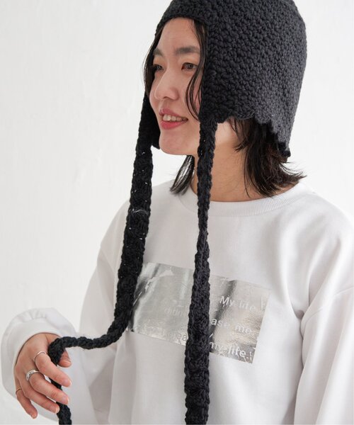 VENCEEXCHANGE（ヴァンスエクスチェンジ）の「ワイドリボンクロシェバブーシュカ（ニットキャップ/ビーニー・レディース・ブラック/アイボリー/グレー・FREE）」の17枚目の写真
