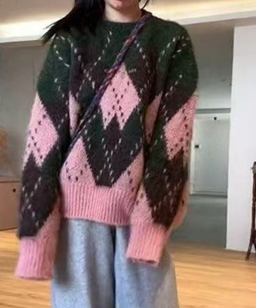 MARK&LONA アーガイルニットセーター（美品） WOMENS アーガイル半袖ニットセーター マスタード/072334750