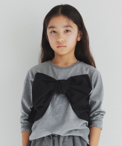BRANSHES(ブランシェス)の「【b.+A】金子綾/リボンドッキング長袖Tシャツ(Tシャツ/カットソー・キッズ・杢グレー/ブラック/オフホワイト・90/100/110/120/130/140/150)」の3枚目の写真