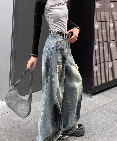 セール】ペイント ダメージ デニムパンツ 韓国ファッション 韓国
