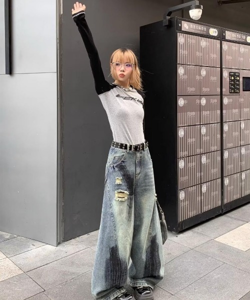 セール】ペイント ダメージ デニムパンツ 韓国ファッション 韓国