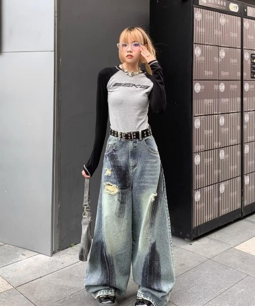 ぴ  セマンティックデザイン　サイズ デニムパンツ刺繍ダメージY2K サイズ 34x33 セマンティックデザイン ジャパン スプラッター