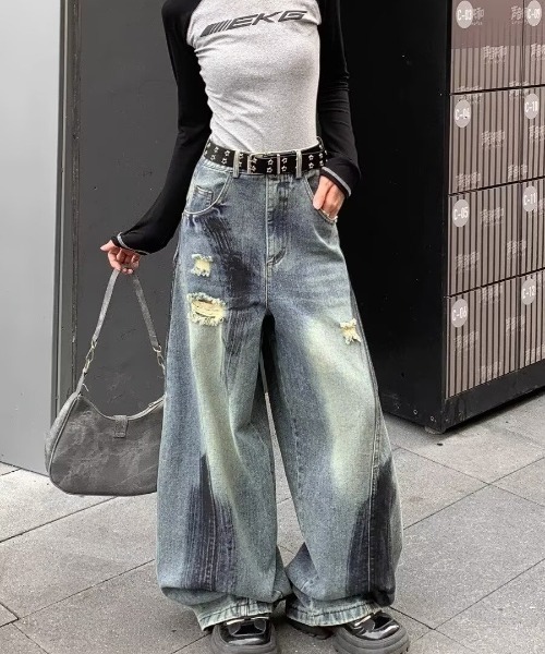 セール】ペイント ダメージ デニムパンツ 韓国ファッション 韓国