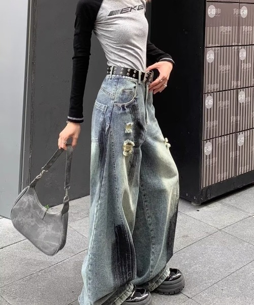ペイント ダメージ デニムパンツ 韓国ファッション 韓国ストリート