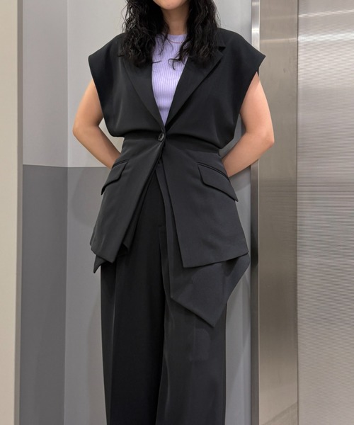 CIS.（シス）の「CIS． リネンルックノースリーブジャケット ウォッシャブル ストレッチ（テーラードジャケット・レディース・ブラック系/オリーブ系・36(7号)/38(9号)）」の2枚目の写真