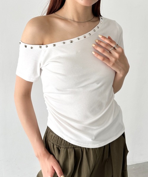 セール】ワンショルダースタッズギャザートップス（Tシャツ