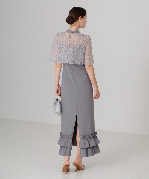 レジャ Leja フラワースパンコールチュールフリルIラインドレスワンピース美脚効果結婚式 パーティードレス 成人式 20代 30代 40代 （BEI レジャ Leja フラワースパンコールチュールフリルIラインドレス