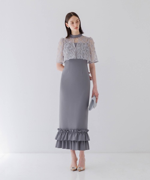 セール】【LEJA】フラワースパンコールチュールフリルIラインドレス