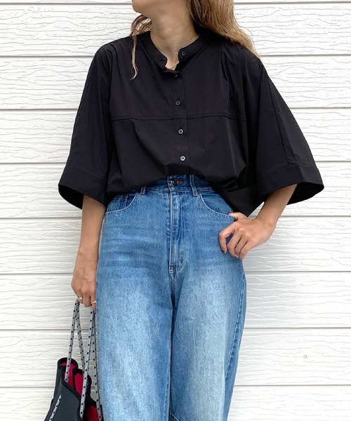 【美品】melange 顔柄シャツブラウス　幾何学　変形ドルマン　ブルー セール】幾何柄アソート タックドルマンスリーブブラウス【洗濯