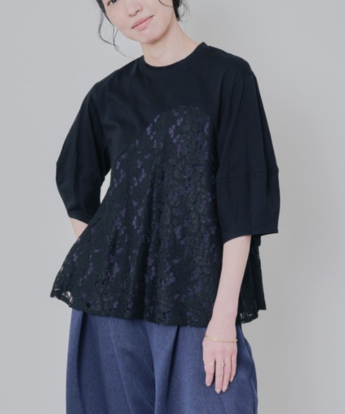 DOLLUPOOPS（ドールアップウップス）の「バックタイヘムレース切替トップス（Tシャツ/カットソー・レディース・ブラック/ベージュ・38）」の2枚目の写真