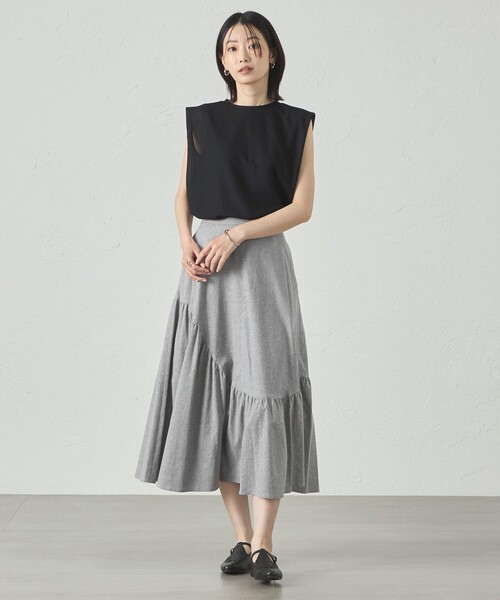 CAST:（キャストコロン）の「【接触冷感/UV対策/セットアップﾟ対応】ラウンドラインギャザースカート（スカート・レディース・グレー系その他2/オフホワイト/ブラック・S/M/L）」の14枚目の写真