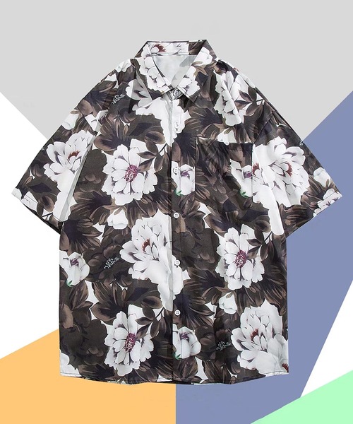 レトロフラワー半袖シャツ ホワイト BENDER TOKYOレトロ フラワーパターン 総柄プリント ドレープ